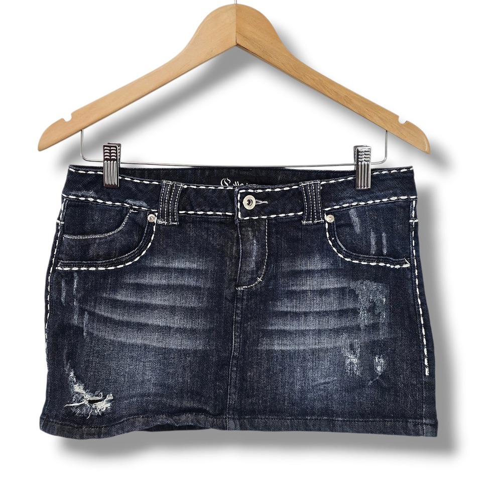 Y2K Cello Jeans Micro Mini Skirt M Dark Denim Bling Wing Pocket Indie Punk Cyber